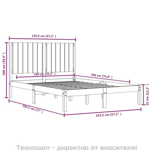 Рамка за легло, черна, бор масив, 140х190 см