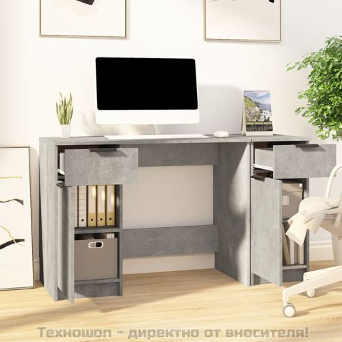 Бюро със страничен шкаф, бетонно сиво, инженерна дървесина