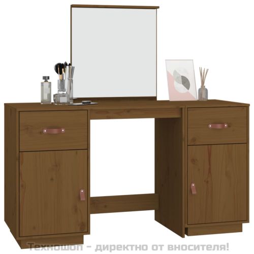 Комплект тоалетка с огледало, меденокафяво, борово дърво масив