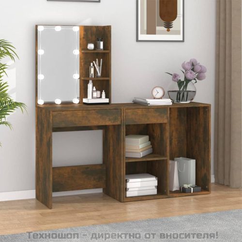 LED тоалетка с шкаф, опушен дъб, инженерно дърво