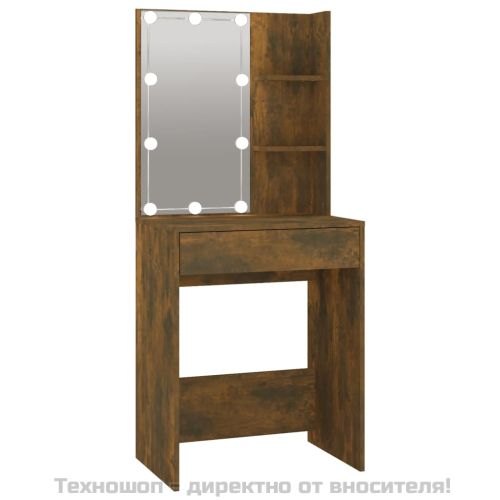 LED тоалетка с шкаф, опушен дъб, инженерно дърво