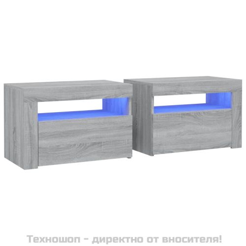 Нощни шкафчета, 2 бр, с LED, сив сонома, 60x35x40 см