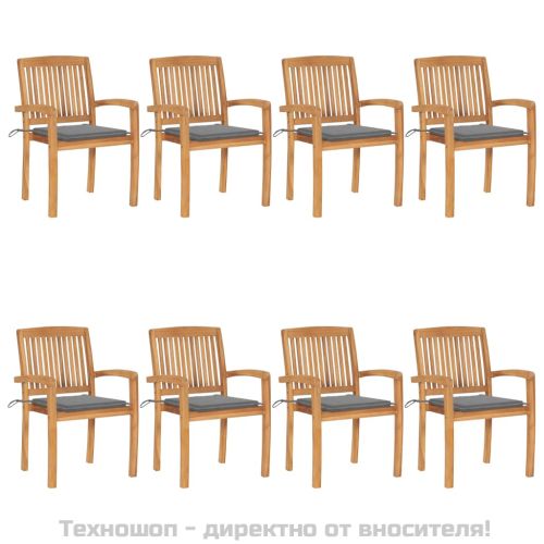 Стифиращи градински столове с възглавници 8 бр тик масив