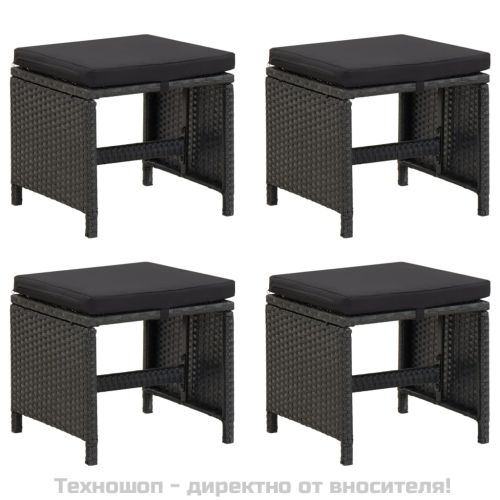 Градински табуретки с възглавници, 4 бр, полиратан, черни