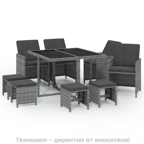 Градински трапезен комплект 9 части с възглавници сив полиратан