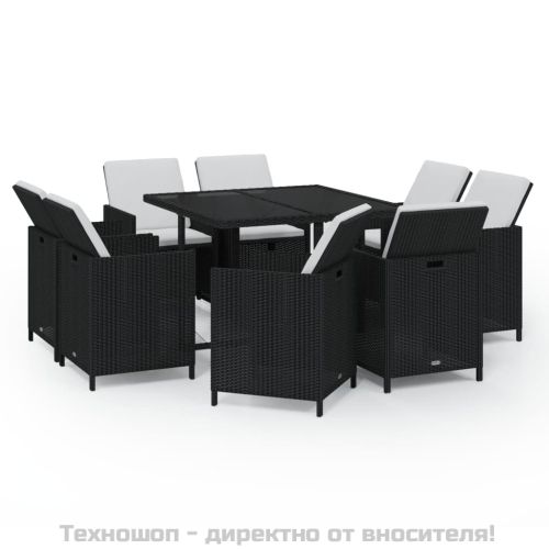 Градински трапезен комплект възглавници 9 части полиратан черен