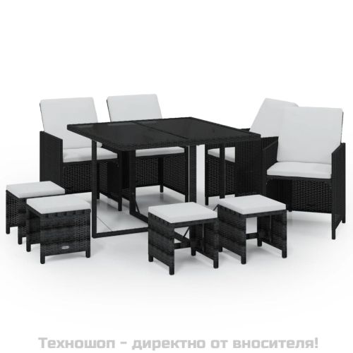 Градински трапезен комплект възглавници 9 части полиратан черен
