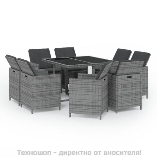 Градински трапезен комплект 9 части с възглавници сив полиратан