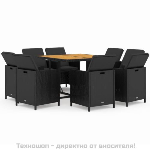 Градински трапезен комплект възглавници 9 части полиратан черен