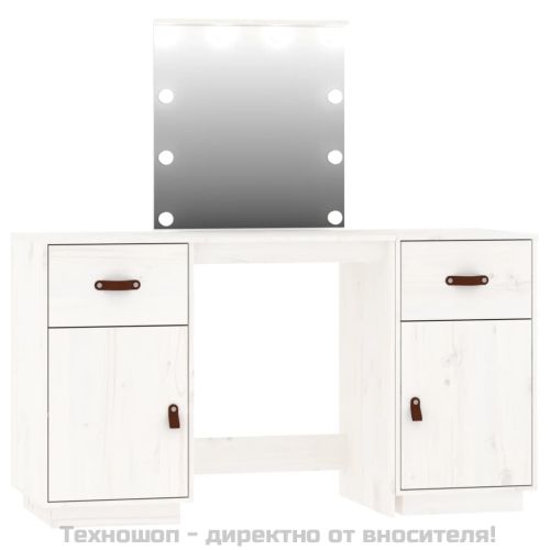 Комплект тоалетка с LED, бяла, борово дърво масив