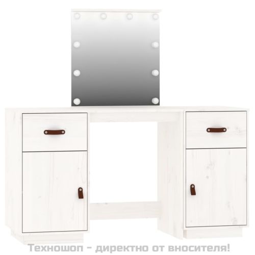 Комплект тоалетка с LED, бяла, борово дърво масив