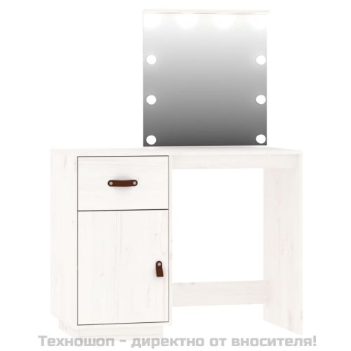 Комплект тоалетка с LED, бяла, борово дърво масив