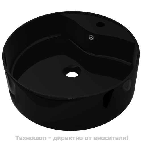 Керамична мивка за баня с преливник, отвор за смесител, черна, кръгла
