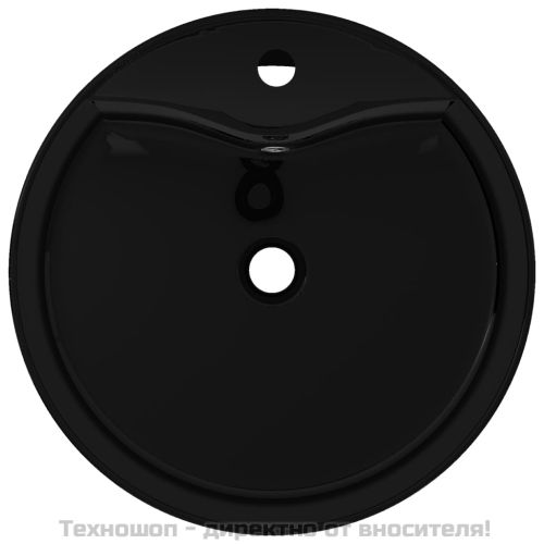 Керамична мивка за баня с преливник, отвор за смесител, черна, кръгла