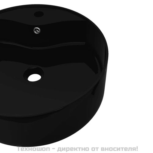 Керамична мивка за баня с преливник, отвор за смесител, черна, кръгла