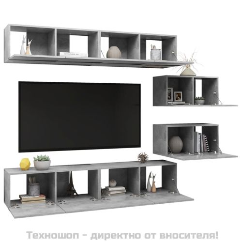Комплект ТВ шкафове от 6 части, бетонно сив, инженерно дърво