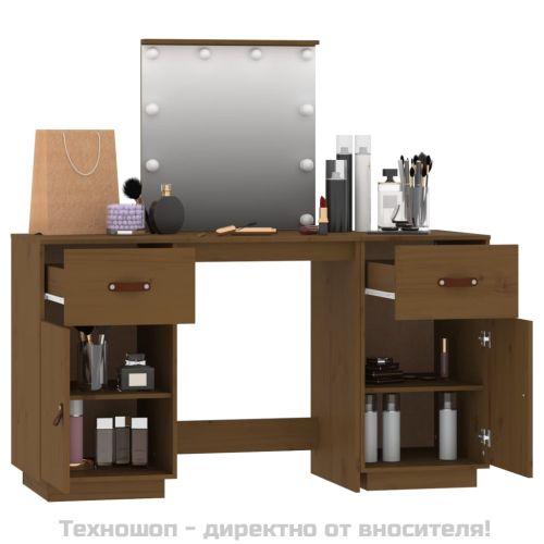 Комплект тоалетка с LED, Меденокафяв, борово дърво масив