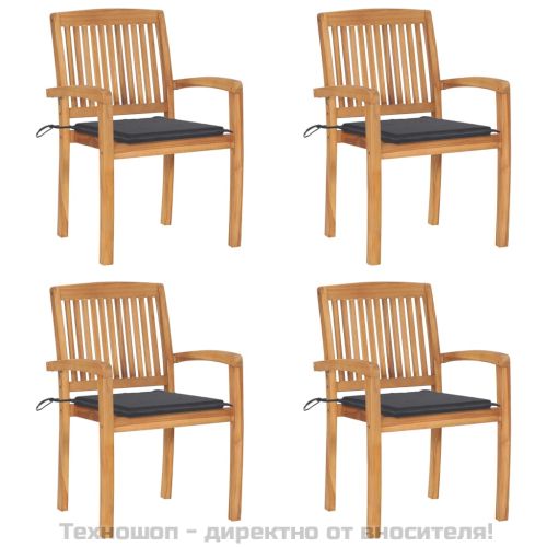 Стифиращи градински столове с възглавници 4 бр тик масив