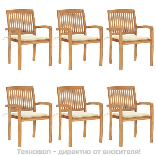 Стифиращи градински столове с възглавници 6 бр тик масив