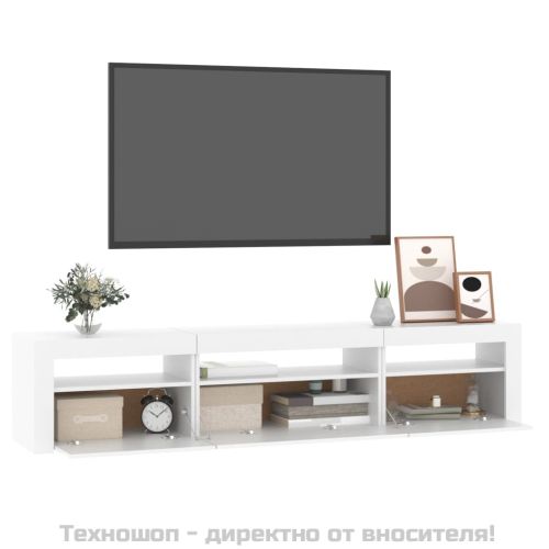 ТВ шкаф с LED осветление, бял, 195x35x40 см