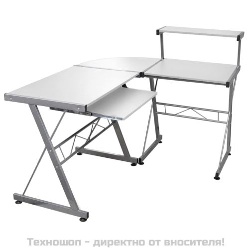 Ъглово компютърно бюро, бяло, 132x112x99 см, инженерно дърво