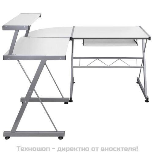 Ъглово компютърно бюро, бяло, 132x112x99 см, инженерно дърво