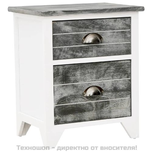 Нощно шкафче, сиво и бяло, 38x28x45 см, дърво от пауловния