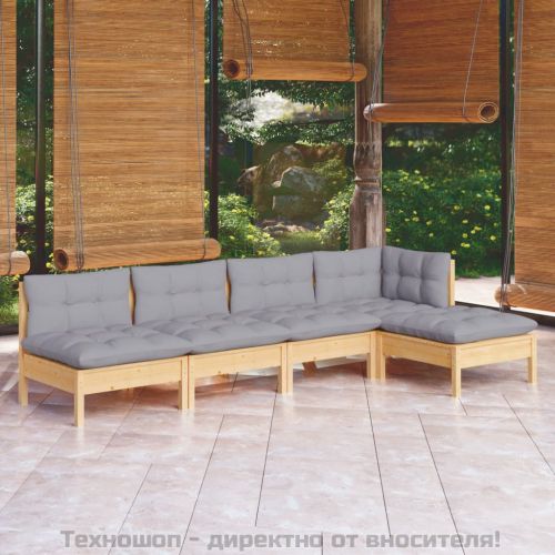 Градински лаундж комплект със сиви възглавници, 5 части, бор