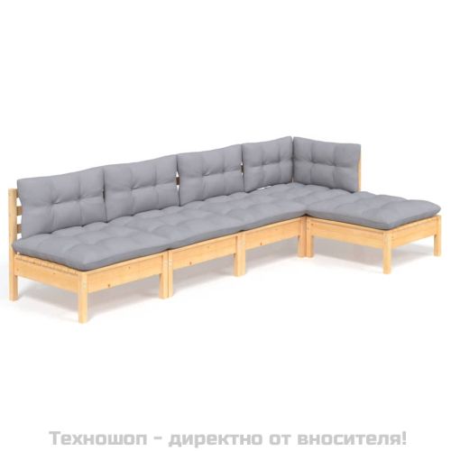 Градински лаундж комплект със сиви възглавници, 5 части, бор