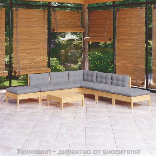 Градински лаундж комплект със сиви възглавници, 8 части, бор