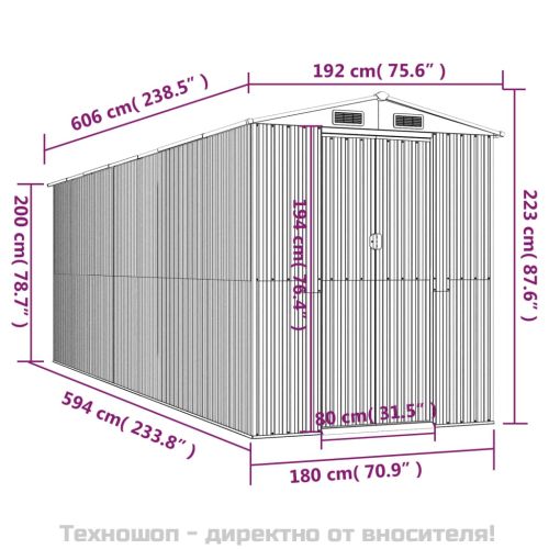Градинска барака светлосива 192x606x223 см поцинкована стомана