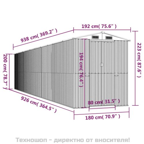Градинска барака светлосива 192x938x223 см поцинкована стомана