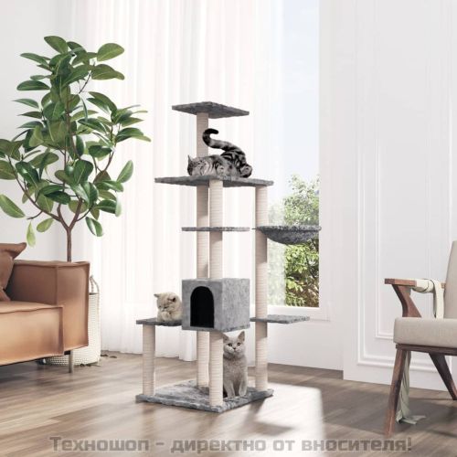 Котешко дърво със сизалени стълбове, светлосиво, 142 см