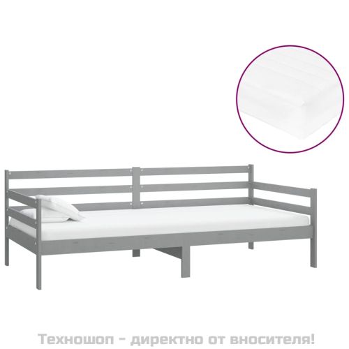 Дневно легло с матрак, 90x200 см, сиво, борово дърво масив