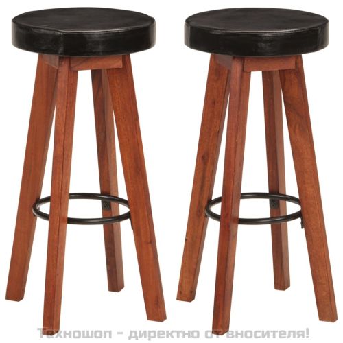 Бар табуретки 2 бр естествена кожа и акациево дърво масив