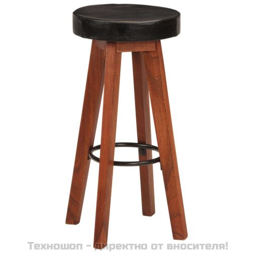 Бар табуретки 2 бр естествена кожа и акациево дърво масив