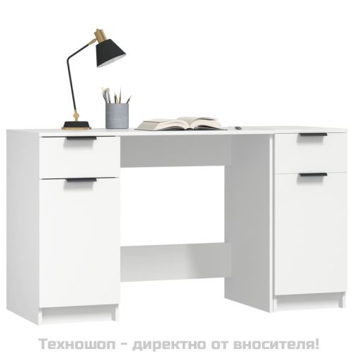 Бюро със страничен шкаф, бял, инженерно дърво