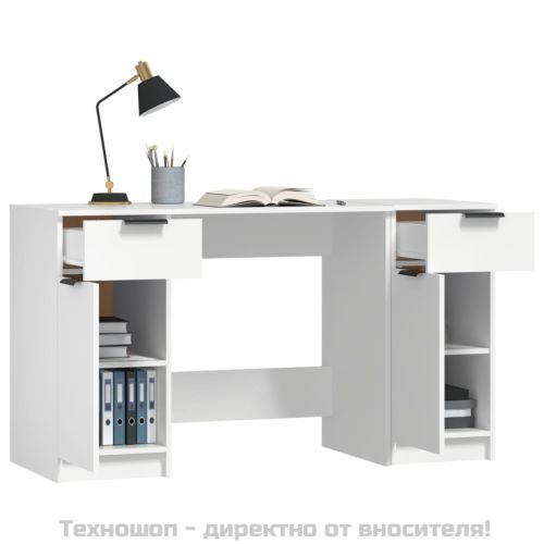 Бюро със страничен шкаф, бял, инженерно дърво