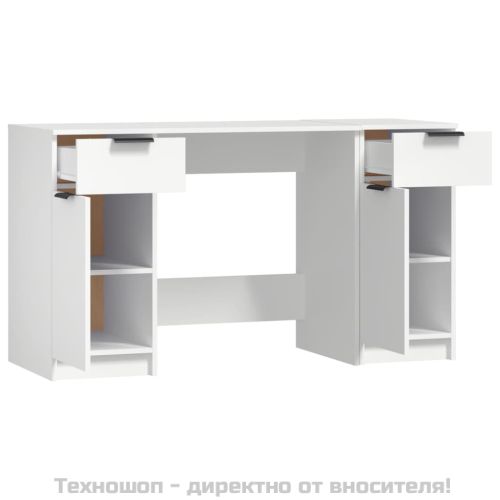 Бюро със страничен шкаф, бял, инженерно дърво