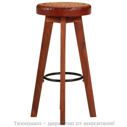 Бар табуретки 2 бр естествена кожа и акациево дърво масив