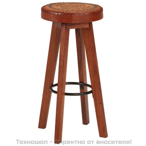 Бар табуретки 2 бр естествена кожа и акациево дърво масив