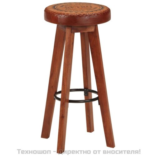 Бар табуретки 2 бр естествена кожа и акациево дърво масив