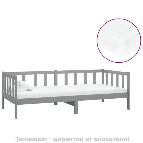 Дневно легло с матрак, 90x200 см, сиво, борово дърво масив