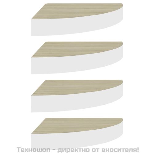 Стенни ъглови рафтове, 4 бр, дъб и бяло, 25x25x3,8 см, МДФ