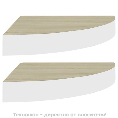 Стенни ъглови рафтове, 2 бр, дъб и бяло, 25x25x3,8 см, МДФ
