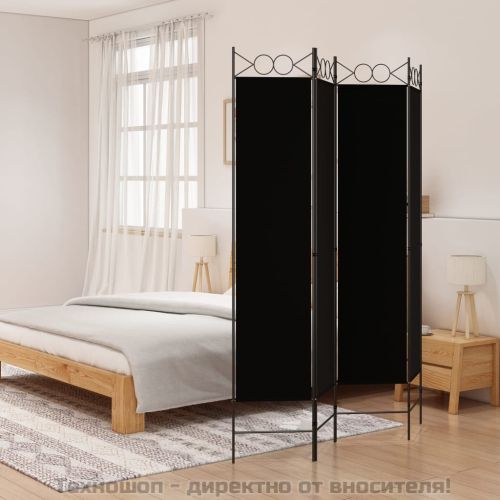 Параван за стая, 4 панела, черен, 160x200 см, плат