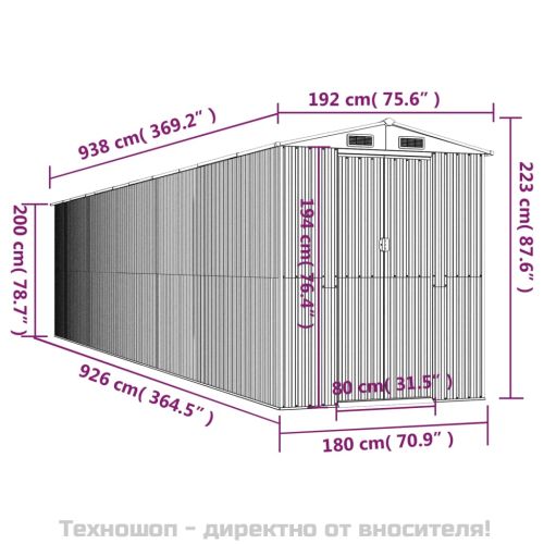 Градинска барака зелена 192x938x223 см поцинкована стомана