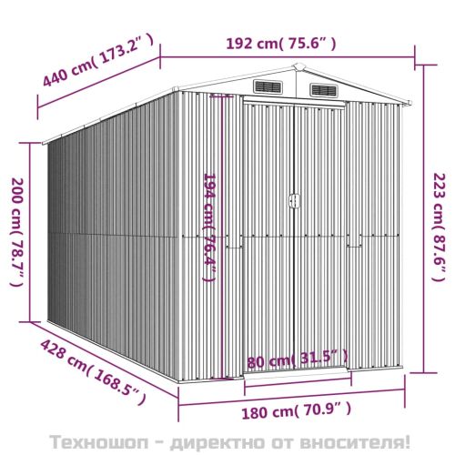 Градинска барака зелена 192x440x223 см поцинкована стомана
