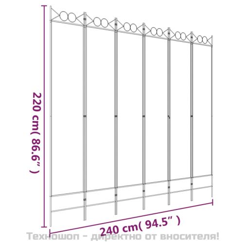 Параван за стая, 6 панела, бял, 240x220 см, текстил
