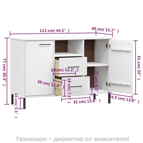Бюфет с метални крака бял 113x40x77 см масивно дърво OSLO
